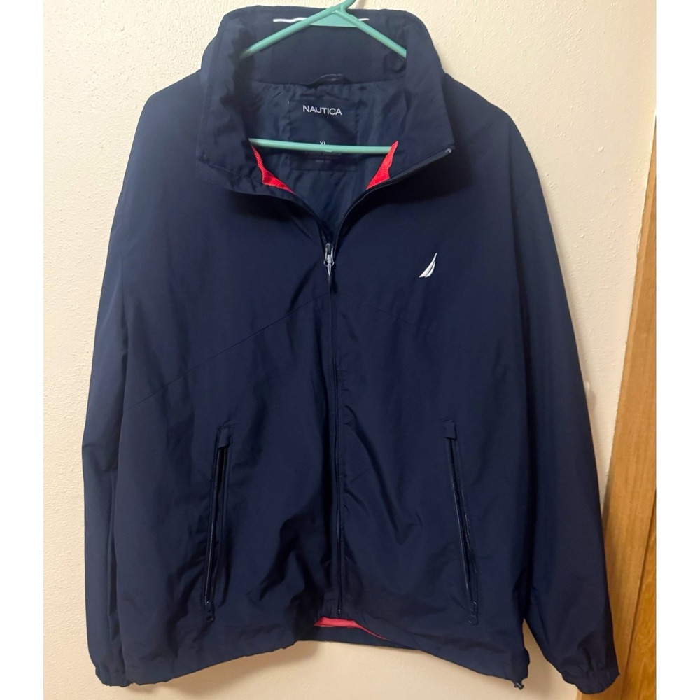 Nautica Men's Blue Windbreaker Jacket XL Full Zip Stand-Up Collar Short Logo